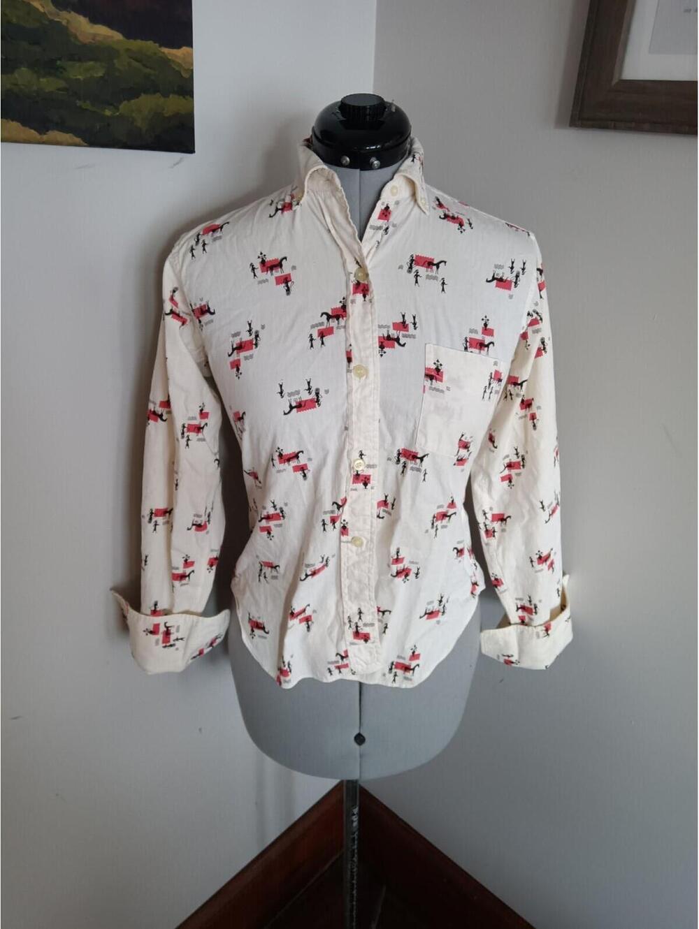 1960s 70s Vintage Greek Novelty Blouse, Lady E & W Long Sleeve Retro